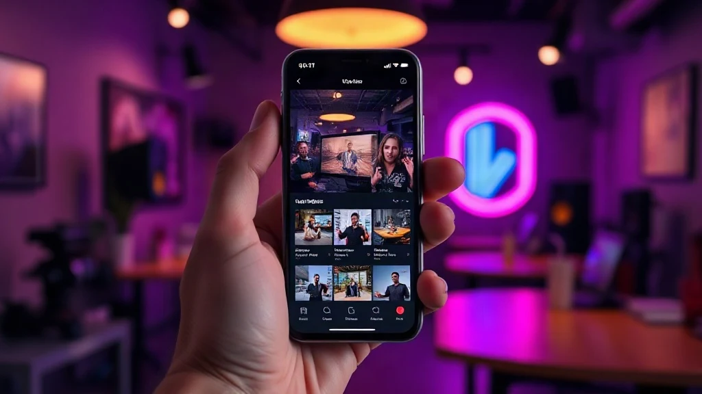 Hand holding a smartphone showing an instagram reels dashboard with video thumbnails and a download icon
